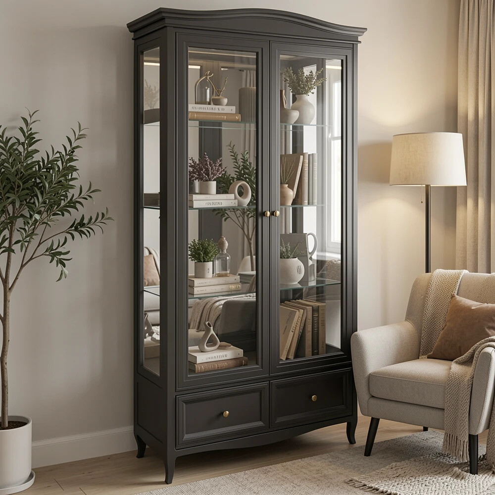 Витрина двухдверная c зеркалом М603BL черная
